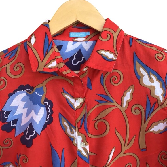 J McLaughlin Red Floral Button Up Cotton Long Sleeve NEW - Picture 3 of 6